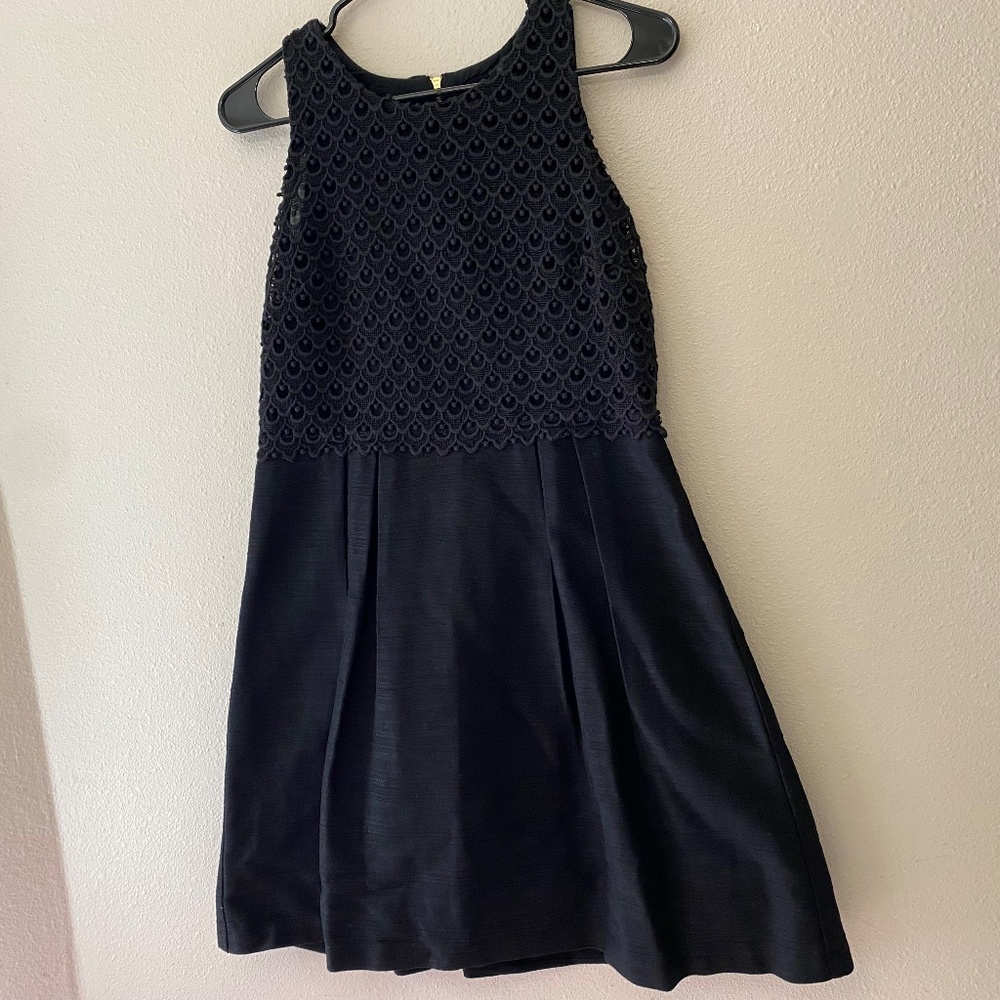 Loft Black Cotton Linen Blend Sleeveless Lace Bodice Flared Skirt Dress Size 4